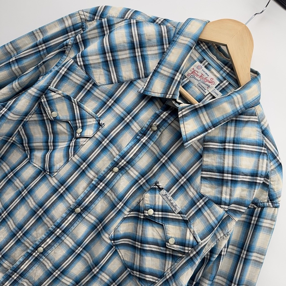 True Religion Brand Jeans Men 3XL Blue Plaid Western Long Sleeve Snap Shirt